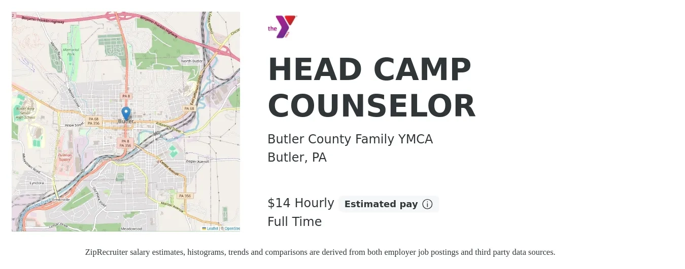 Butler County Family YMCA job posting for a HEAD CAMP COUNSELOR in Butler, PA with a salary of $15 Hourly with a map of Butler location.