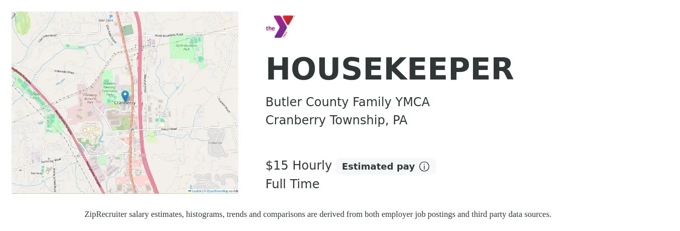 Butler County Family YMCA job posting for a HOUSEKEEPER in Cranberry Township, PA with a salary of $16 Hourly with a map of Cranberry Township location.