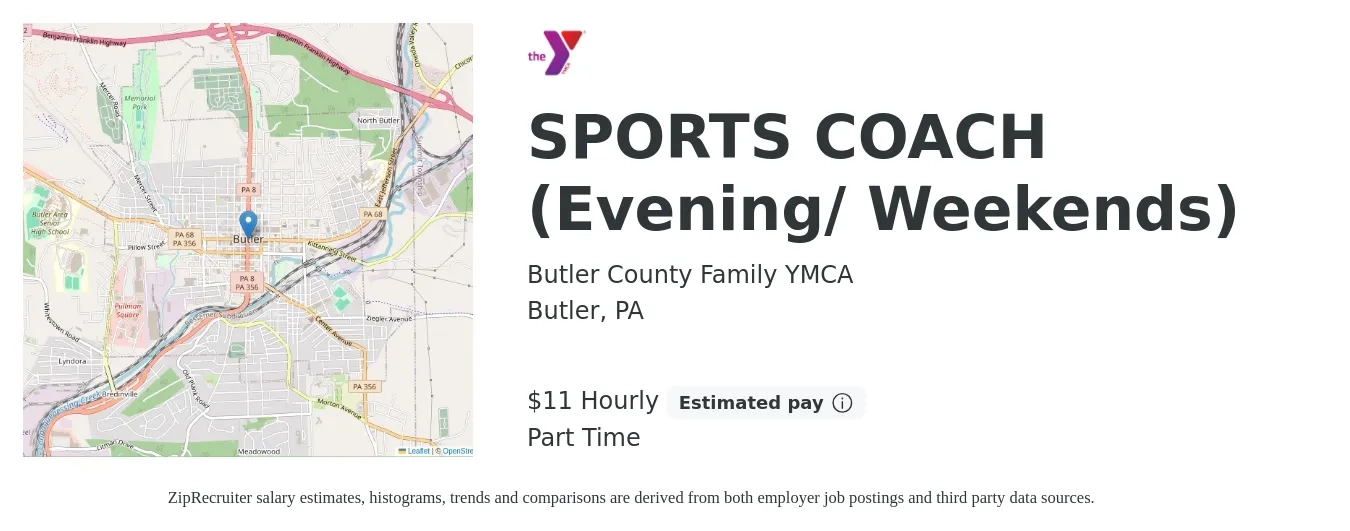 Butler County Family YMCA job posting for a SPORTS COACH (Evening/ Weekends) in Butler, PA with a salary of $12 Hourly with a map of Butler location.