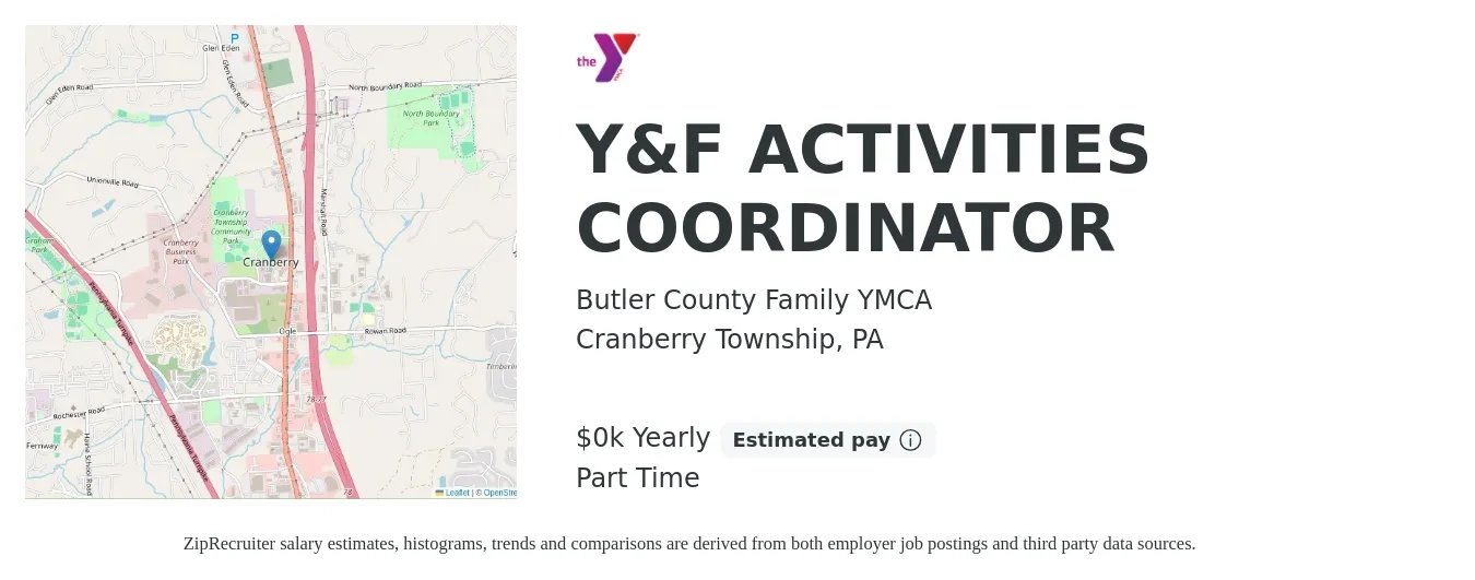 Butler County Family YMCA job posting for a Y&F ACTIVITIES COORDINATOR in Cranberry Township, PA with a salary of $13 Yearly with a map of Cranberry Township location.