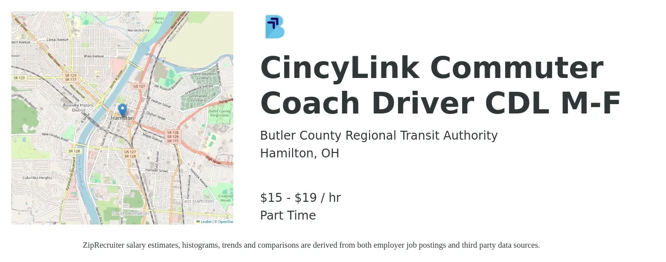 Butler County Regional Transit Authority job posting for a CincyLink Commuter Coach Driver CDL M-F in Hamilton, OH with a salary of $16 to $20 Hourly with a map of Hamilton location.