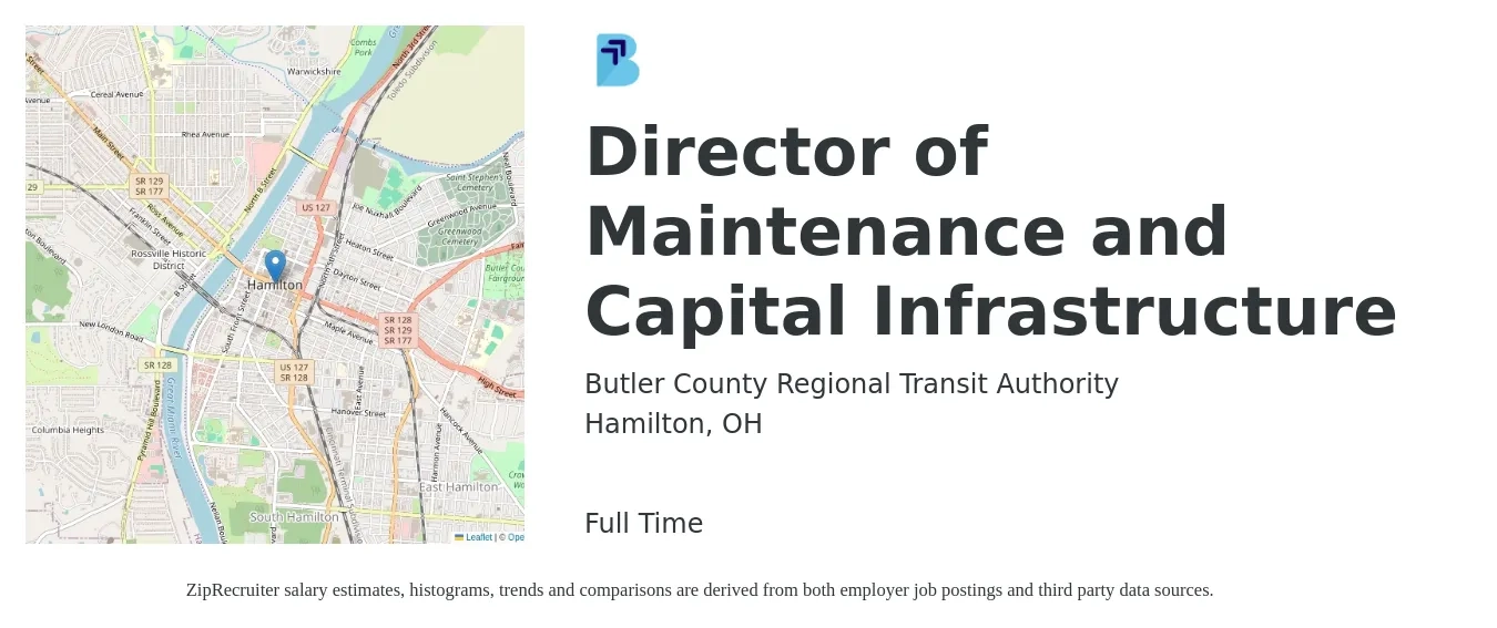 Butler County Regional Transit Authority job posting for a Director of Maintenance and Capital Infrastructure in Hamilton, OH with a salary of $82,000 to $103,000 Yearly with a map of Hamilton location.