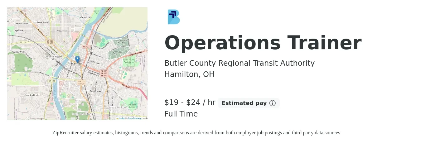 Butler County Regional Transit Authority job posting for a Operations Trainer in Hamilton, OH with a salary of $20 to $25 Hourly with a map of Hamilton location.