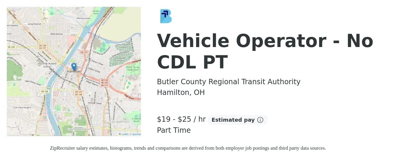 Butler County Regional Transit Authority job posting for a Vehicle Operator - No CDL PT in Hamilton, OH with a salary of $16 to $20 Hourly with a map of Hamilton location.