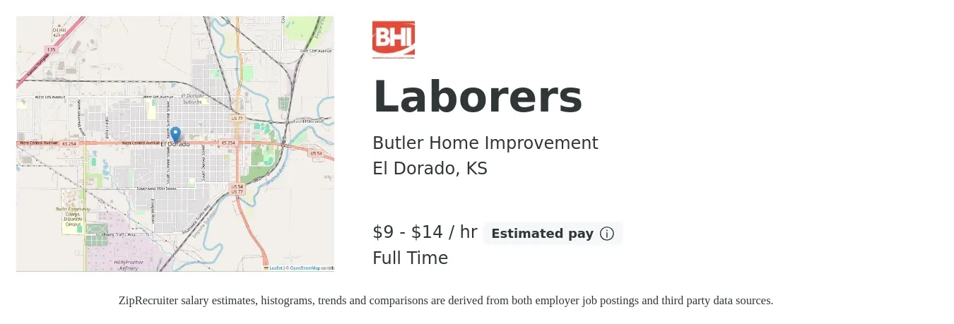 Butler Home Improvement job posting for a Laborers in El Dorado, KS with a salary of $10 to $15 Hourly with a map of El Dorado location.
