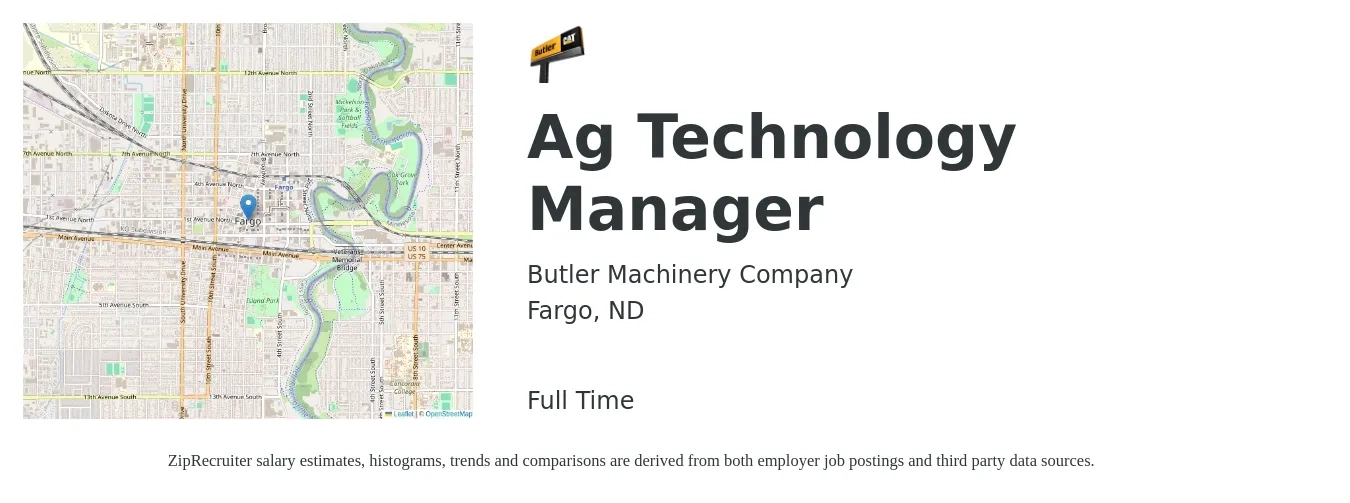 Butler Machinery Company job posting for a Ag Technology Manager in Fargo, ND with a salary of $57,400 to $81,500 Yearly with a map of Fargo location.