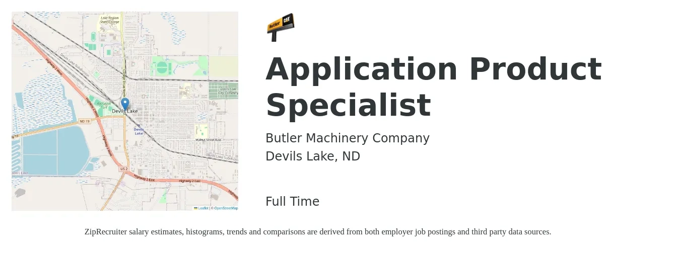 Butler Machinery Company job posting for a Application Product Specialist in Devils Lake, ND with a salary of $18 to $29 Hourly with a map of Devils Lake location.