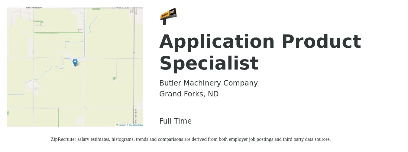 Butler Machinery Company job posting for a Application Product Specialist in Grand Forks, ND with a salary of $19 to $30 Hourly with a map of Grand Forks location.