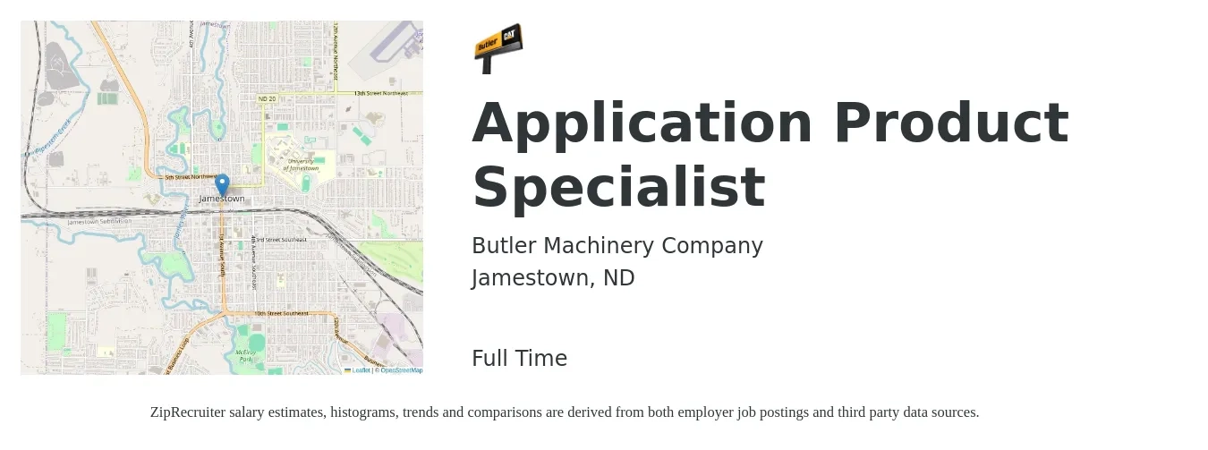 Butler Machinery Company job posting for a Application Product Specialist in Jamestown, ND with a salary of $20 to $31 Hourly with a map of Jamestown location.