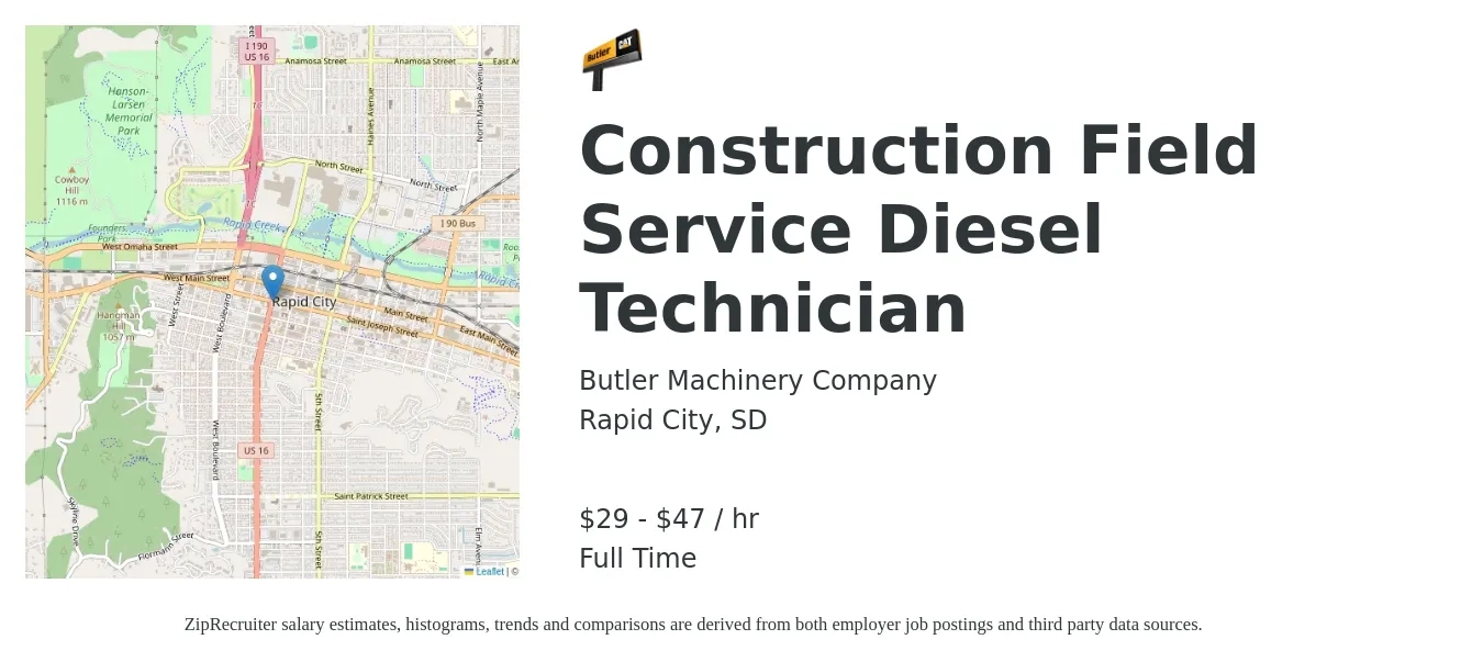 Butler Machinery Company job posting for a Construction Field Service Diesel Technician in Rapid City, SD with a salary of $31 to $50 Hourly with a map of Rapid City location.