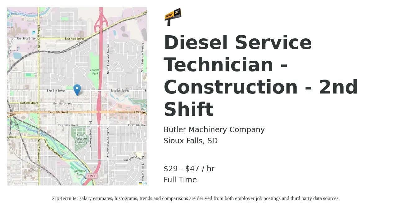 Butler Machinery Company job posting for a Diesel Service Technician - Construction - 2nd Shift in Sioux Falls, SD with a salary of $31 to $50 Hourly with a map of Sioux Falls location.