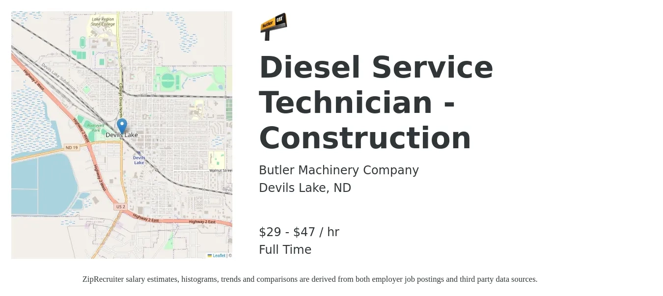 Butler Machinery Company job posting for a Diesel Service Technician - Construction in Devils Lake, ND with a salary of $31 to $50 Hourly with a map of Devils Lake location.