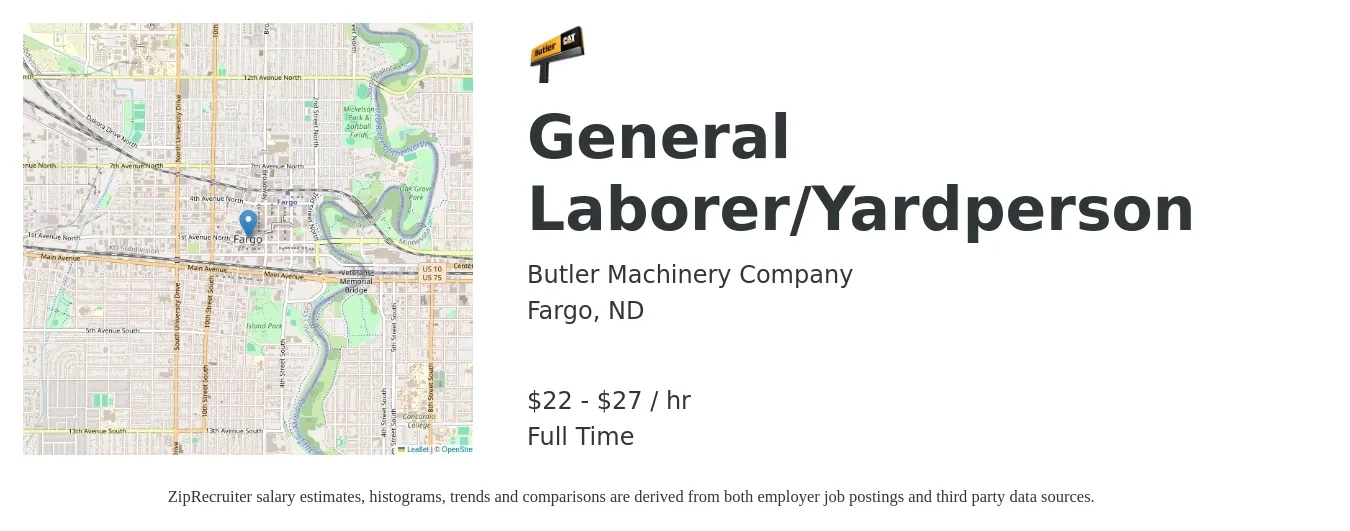 Butler Machinery Company job posting for a General Laborer/Yardperson in Fargo, ND with a salary of $23 to $28 Hourly with a map of Fargo location.