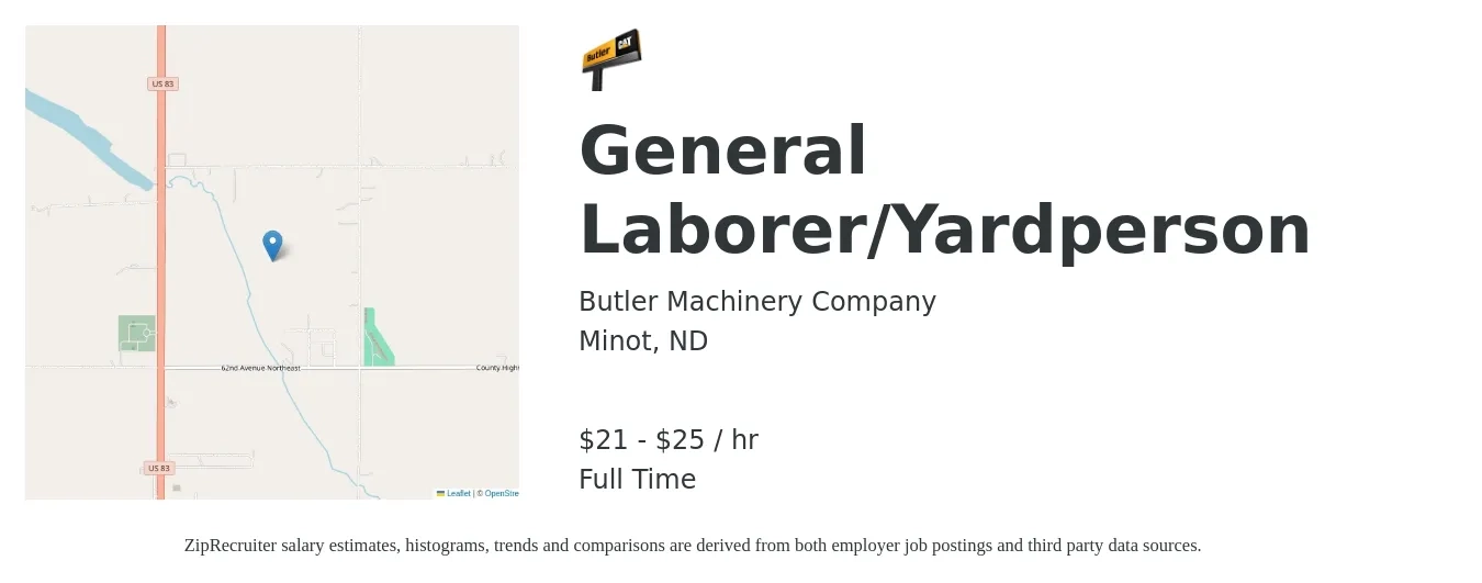 Butler Machinery Company job posting for a General Laborer/Yardperson in Minot, ND with a salary of $22 to $27 Hourly with a map of Minot location.