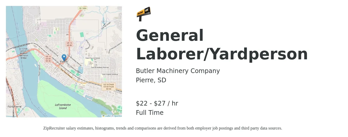 Butler Machinery Company job posting for a General Laborer/Yardperson in Pierre, SD with a salary of $23 to $28 Hourly with a map of Pierre location.