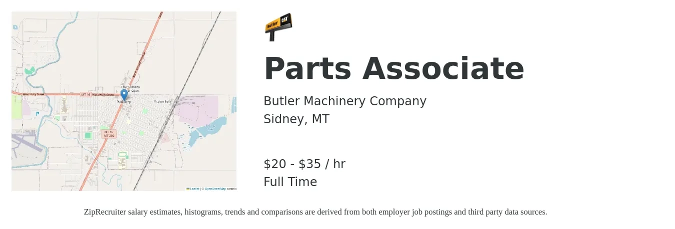 Butler Machinery Company job posting for a Parts Associate in Sidney, MT with a salary of $21 to $37 Hourly with a map of Sidney location.