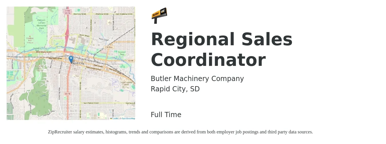 Butler Machinery Company job posting for a Regional Sales Coordinator in Rapid City, SD with a salary of $20 to $25 Hourly with a map of Rapid City location.