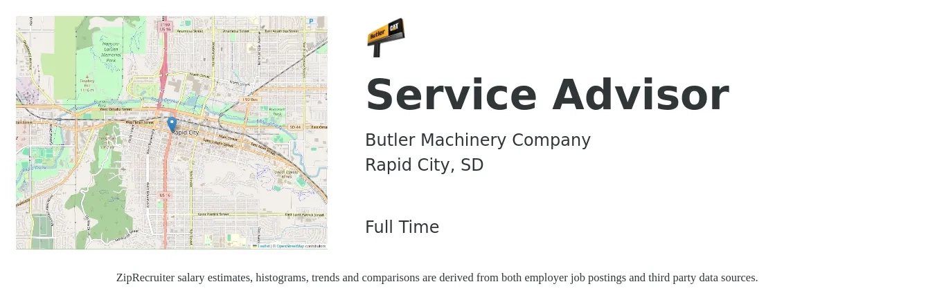 Butler Machinery Company job posting for a Service Advisor in Rapid City, SD with a salary of $19 to $30 Hourly with a map of Rapid City location.