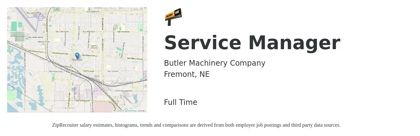 Butler Machinery Company job posting for a Service Manager in Fremont, NE with a salary of $50,000 to $77,300 Yearly with a map of Fremont location.