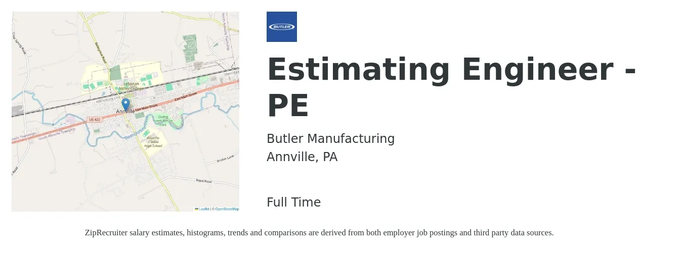 Butler Manufacturing job posting for a Estimating Engineer - PE in Annville, PA with a salary of $66,200 to $84,400 Yearly with a map of Annville location.
