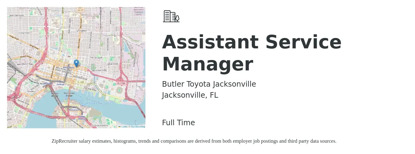 Butler Toyota Jacksonville job posting for a Assistant Service Manager in Jacksonville, FL with a salary of $39,400 to $63,500 Yearly with a map of Jacksonville location.