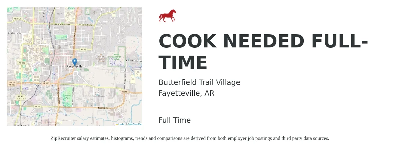 Butterfield Trail Village job posting for a COOK NEEDED FULL-TIME in Fayetteville, AR with a salary of $12 to $16 Hourly with a map of Fayetteville location.