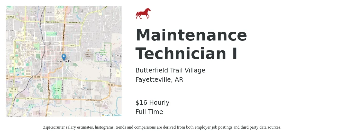 Butterfield Trail Village job posting for a Maintenance Technician I in Fayetteville, AR with a salary of $17 Hourly with a map of Fayetteville location.