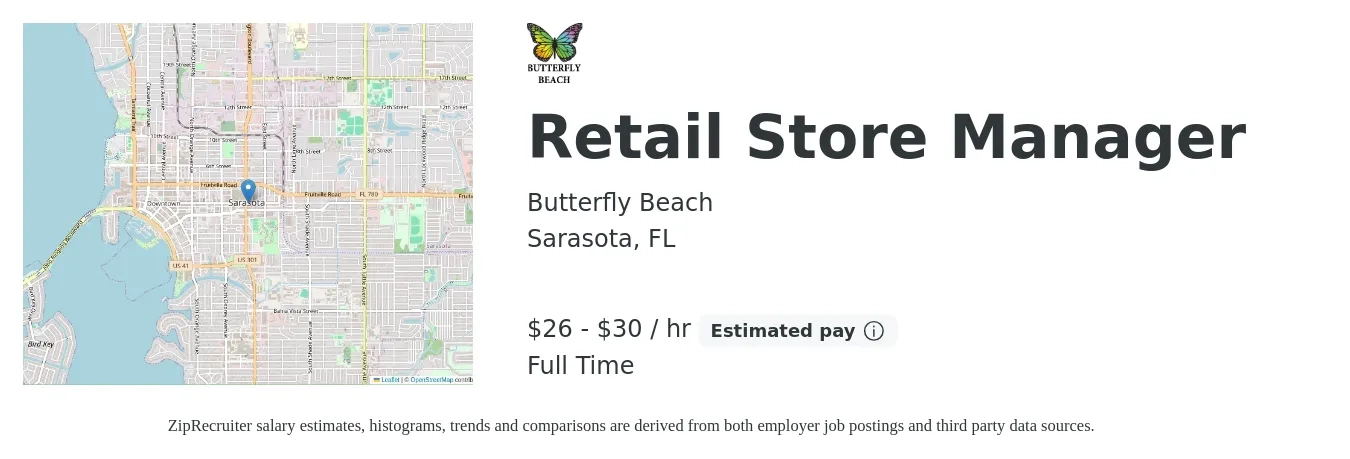 Butterfly Beach job posting for a Retail Store Manager in Sarasota, FL with a salary of $28 to $32 Hourly and benefits including pto, and retirement with a map of Sarasota location.