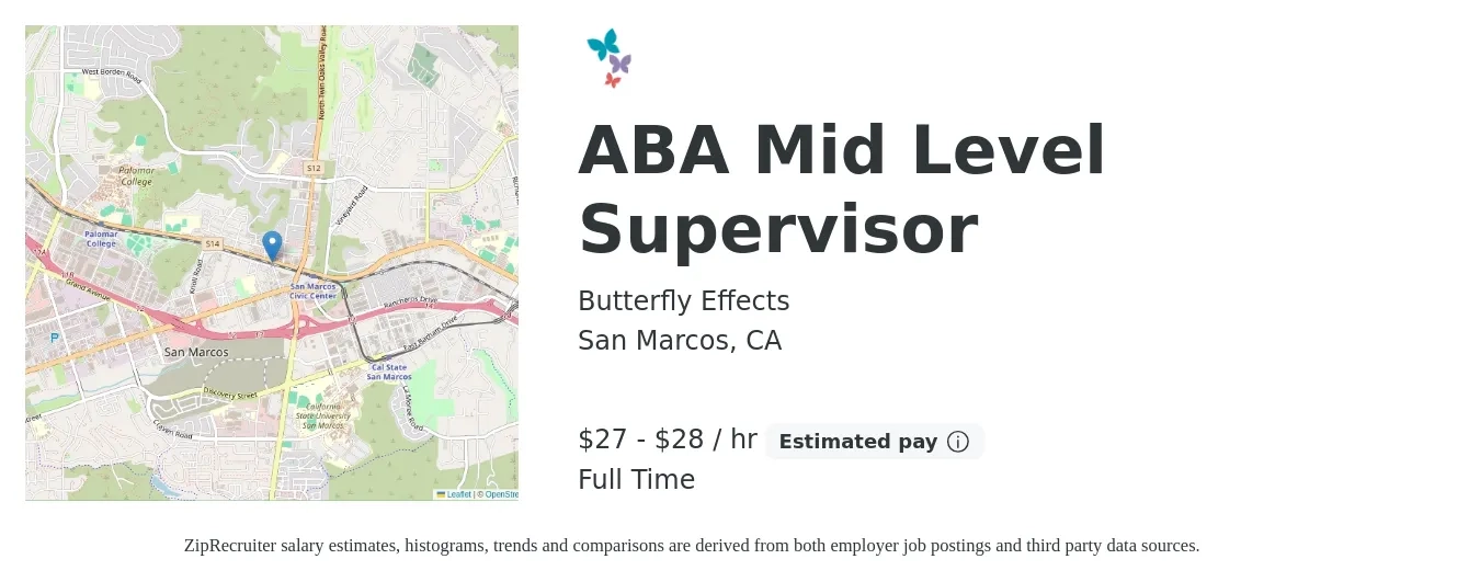 Butterfly Effects job posting for a ABA Mid Level Supervisor in San Marcos, CA with a salary of $29 to $30 Hourly with a map of San Marcos location.