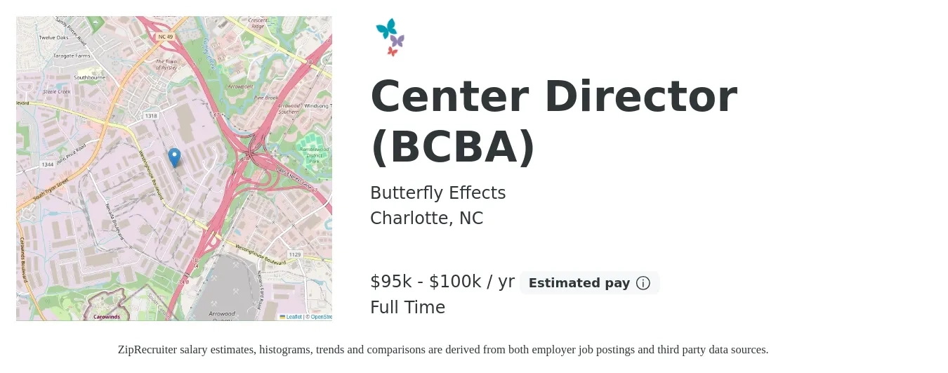 Butterfly Effects job posting for a Center Director (BCBA) in Charlotte, NC with a salary of $95,000 to $100,000 Yearly with a map of Charlotte location.