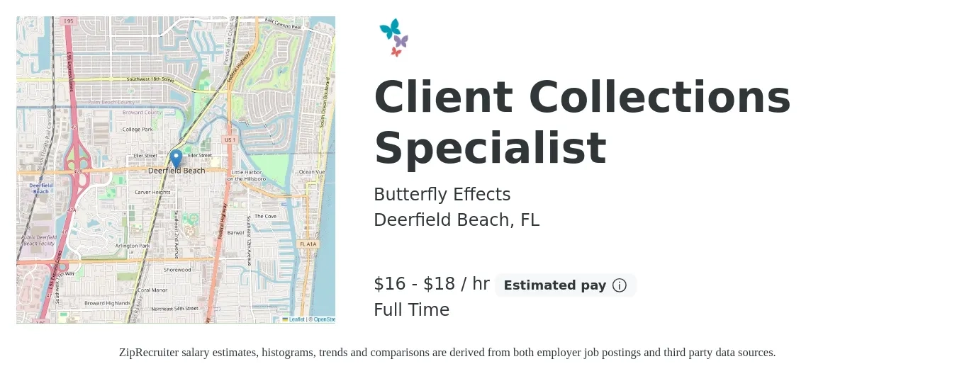 Butterfly Effects job posting for a Client Collections Specialist in Deerfield Beach, FL with a salary of $17 to $19 Hourly with a map of Deerfield Beach location.