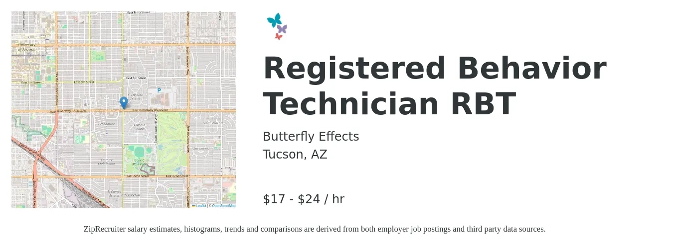 Butterfly Effects job posting for a Registered Behavior Technician RBT in Tucson, AZ with a salary of $18 to $25 Hourly with a map of Tucson location.
