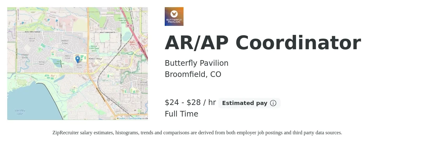 Butterfly Pavilion job posting for a AR/AP Coordinator in Broomfield, CO with a salary of $25 to $30 Hourly with a map of Broomfield location.
