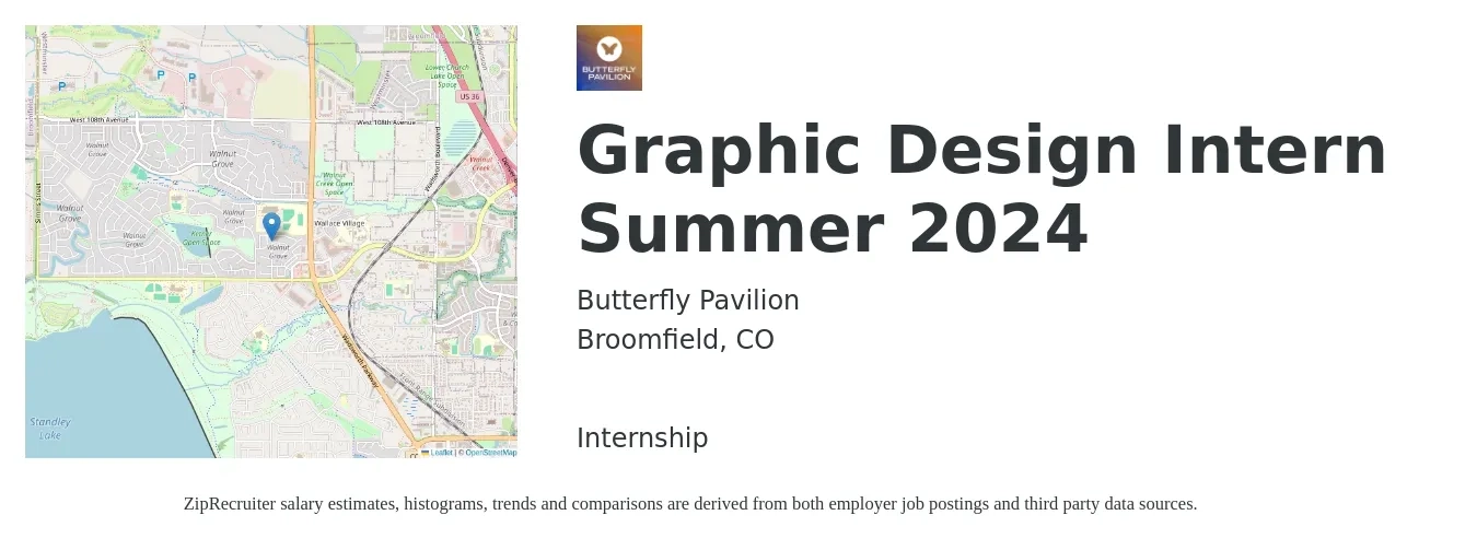Butterfly Pavilion job posting for a Graphic Design Intern Summer 2024 in Broomfield, CO with a salary of $15 to $20 Hourly with a map of Broomfield location.