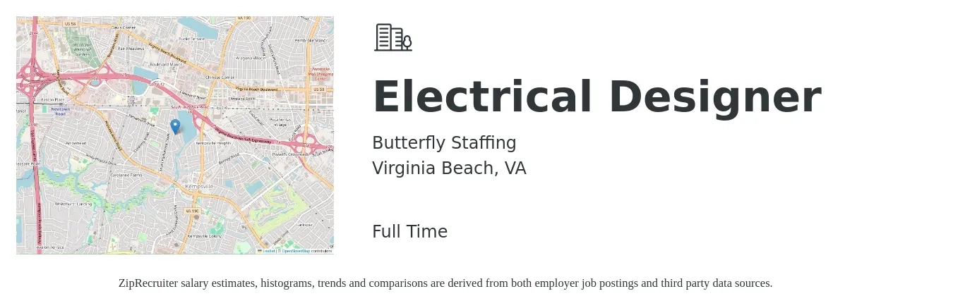 Butterfly Staffing job posting for a Electrical Designer in Virginia Beach, VA with a salary of $28 to $41 Hourly with a map of Virginia Beach location.