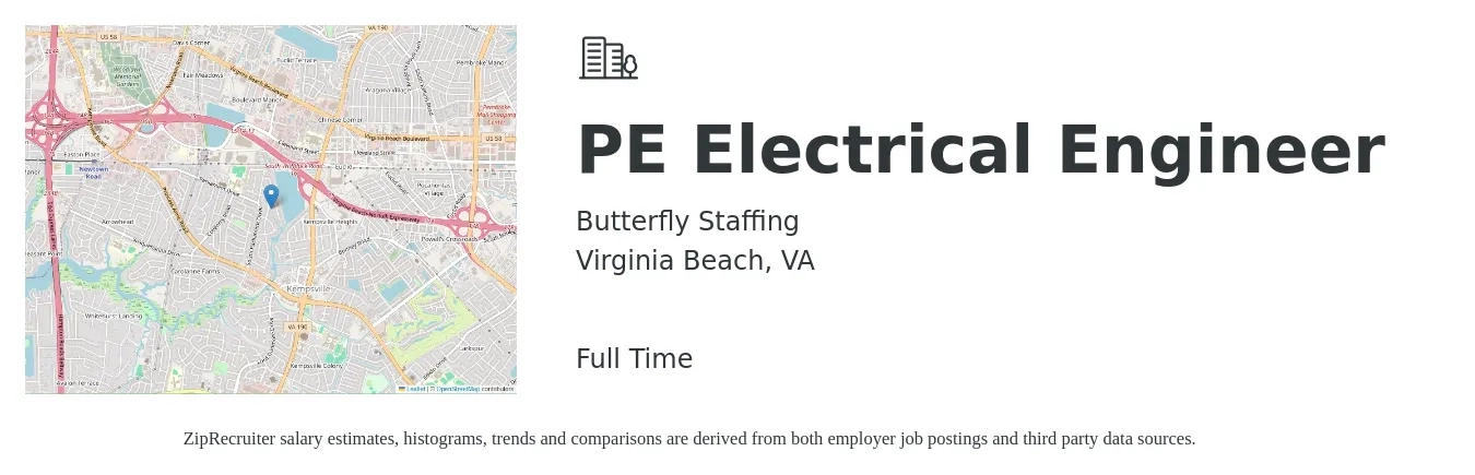 Butterfly Staffing job posting for a PE Electrical Engineer in Virginia Beach, VA with a salary of $69,100 to $114,400 Yearly with a map of Virginia Beach location.
