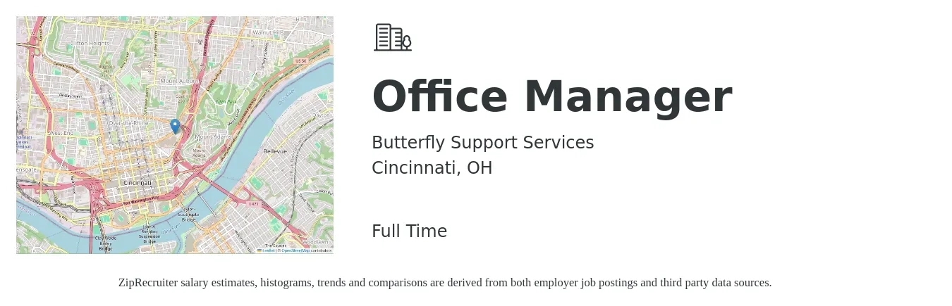Butterfly Support Services job posting for a Office Manager in Cincinnati, OH with a salary of $38,400 to $56,700 Yearly with a map of Cincinnati location.