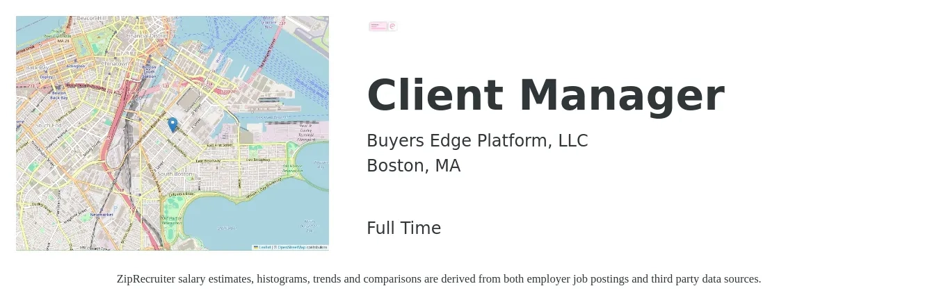Buyers Edge Platform, LLC job posting for a Client Manager in Boston, MA with a salary of $48,900 to $84,700 Yearly with a map of Boston location.