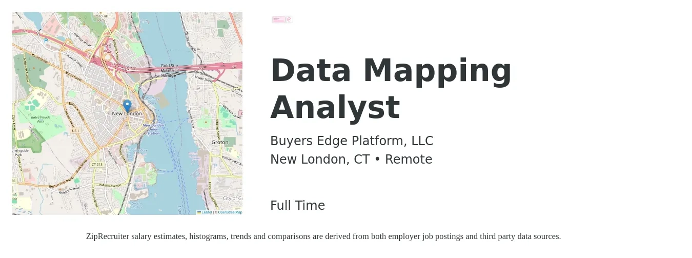 Buyers Edge Platform, LLC job posting for a Data Mapping Analyst in New London, CT with a salary of $62,100 to $96,400 Yearly with a map of New London location.