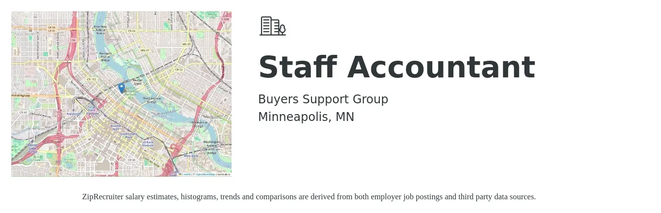 Buyers Support Group job posting for a Staff Accountant in Minneapolis, MN with a salary of $57,400 to $75,700 Yearly with a map of Minneapolis location.
