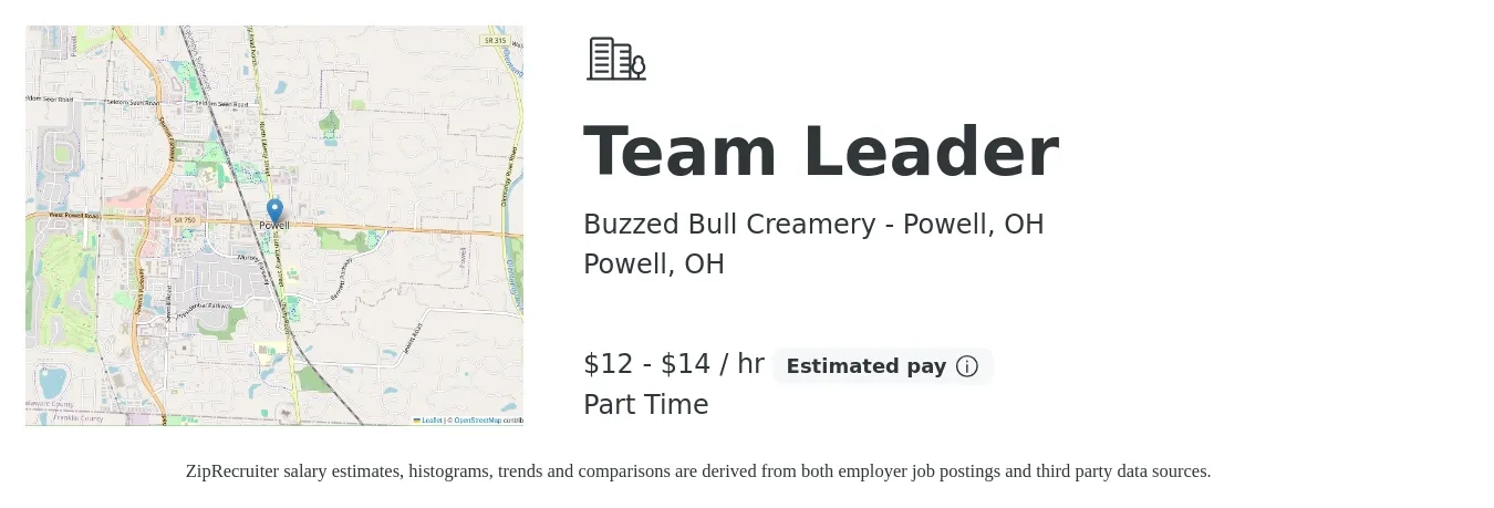 Buzzed Bull Creamery - Powell, OH job posting for a Team Leader in Powell, OH with a salary of $13 to $15 Hourly with a map of Powell location.