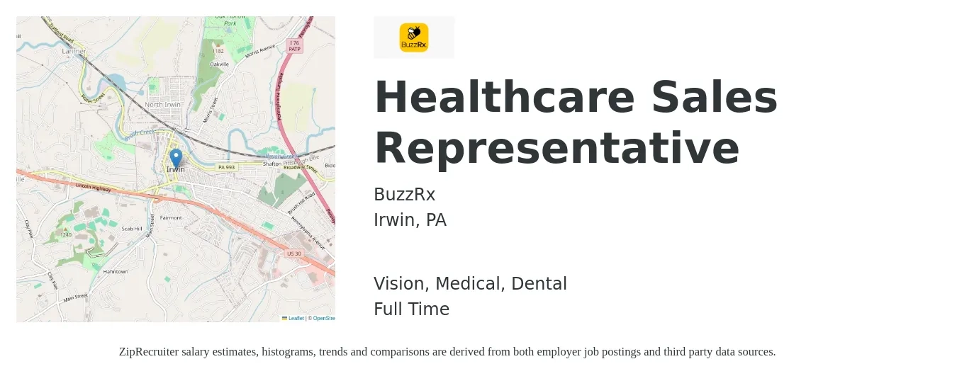 BuzzRx job posting for a Healthcare Sales Representative in Irwin, PA with a salary of $45,400 to $60,000 Yearly and benefits including vision, dental, and medical with a map of Irwin location.