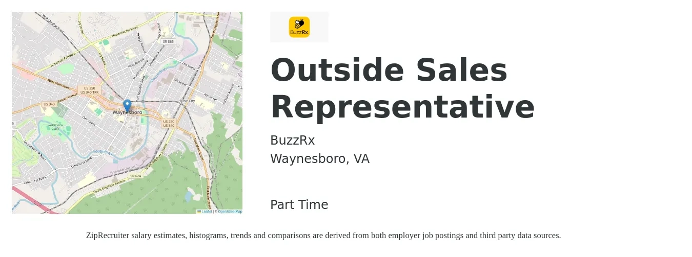 BuzzRx job posting for a Outside Sales Representative in Waynesboro, VA with a salary of $50,500 to $86,600 Yearly with a map of Waynesboro location.