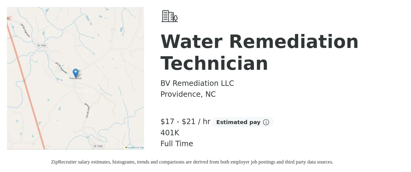 BV Remediation LLC job posting for a Water Remediation Technician in Providence, NC with a salary of $18 to $22 Hourly (plus commission) and benefits including 401k with a map of Providence location.