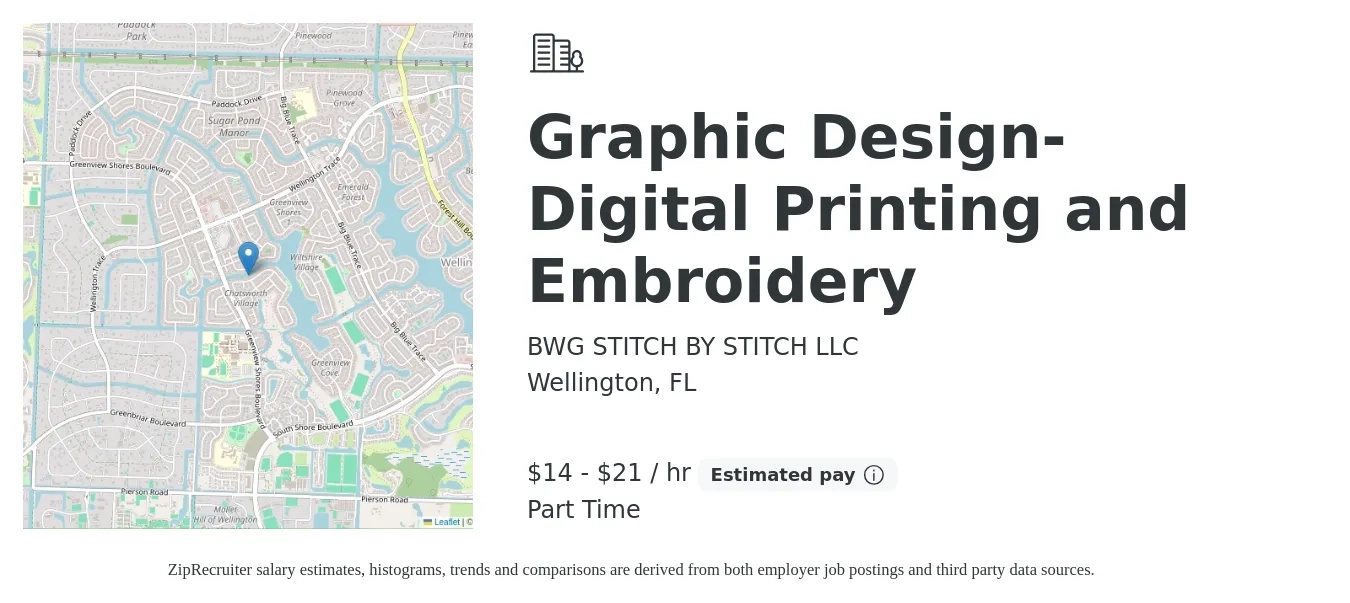BWG STITCH BY STITCH LLC job posting for a Graphic Design- Digital Printing and Embroidery in Wellington, FL with a salary of $15 to $22 Hourly with a map of Wellington location.