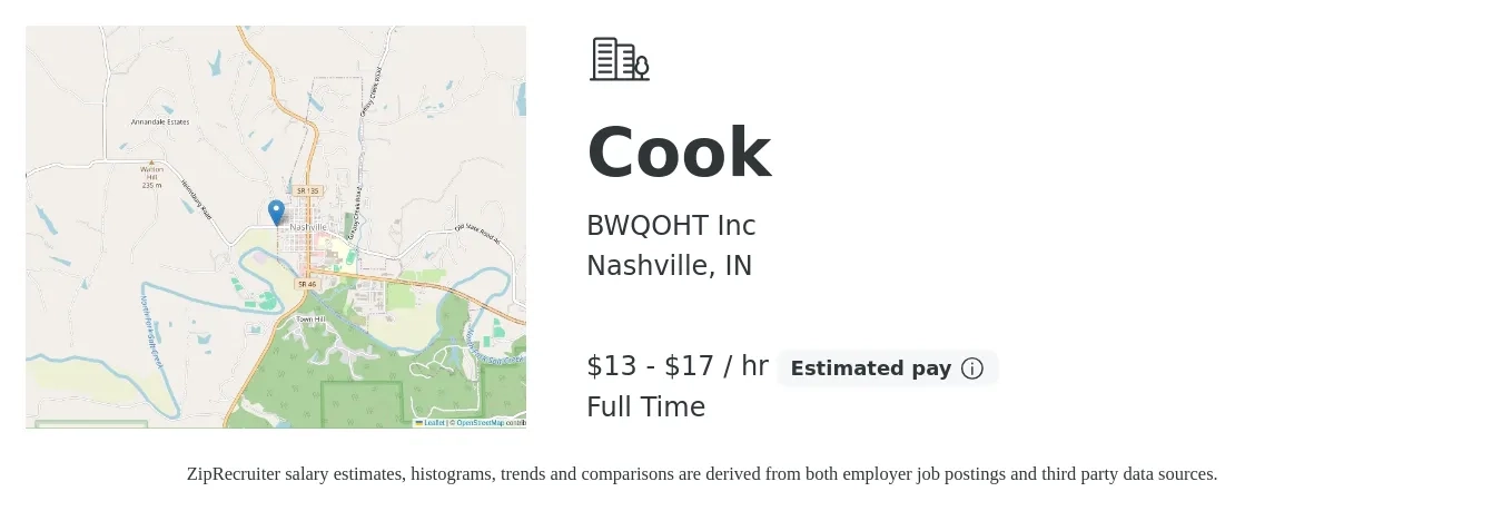 BWQOHT Inc job posting for a Cook in Nashville, IN with a salary of $14 to $18 Hourly with a map of Nashville location.