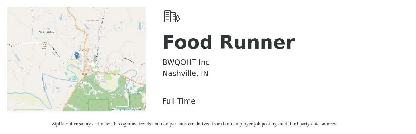 BWQOHT Inc job posting for a Food Runner in Nashville, IN with a salary of $15 Hourly with a map of Nashville location.