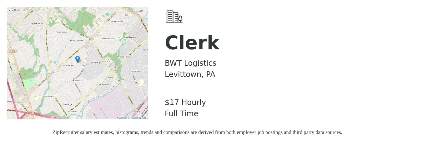BWT Logistics job posting for a Clerk in Levittown, PA with a salary of $18 Hourly with a map of Levittown location.
