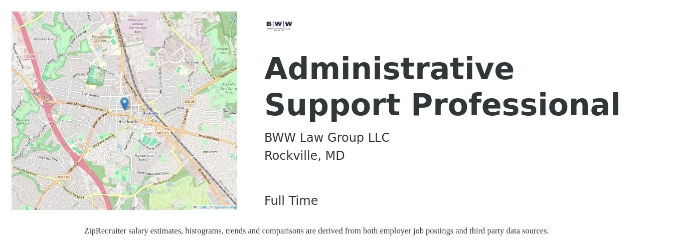 BWW Law Group LLC job posting for a Administrative Support Professional in Rockville, MD with a salary of $42,800 to $72,400 Yearly with a map of Rockville location.