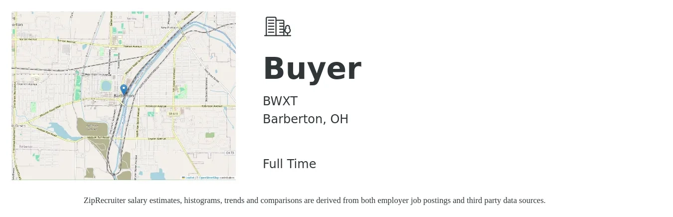 BWXT job posting for a Buyer in Barberton, OH with a salary of $51,300 to $73,700 Yearly with a map of Barberton location.